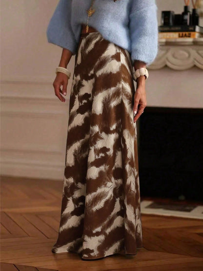 Women's Elegant Casual Bohemian Style Long Skirt, Woven Fabric Without Stretch, Decorated With Artistic Tie-Dye Pattern Summer Brown