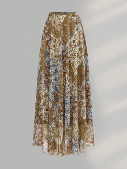 Women's Elegant Charm Cashew Flower Print Design Fashionable Casual Skirt Yellow