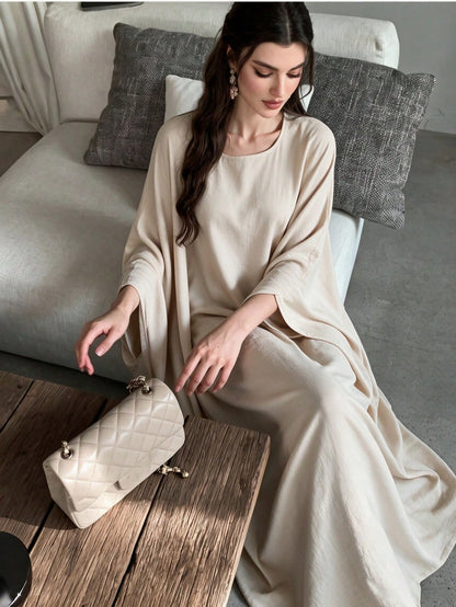 Women's Elegant & Graceful Long Abaya Dress, Round Neck Batwing Sleeve Loose Fit Floor-Length Flowy Maxi Skirt, Casual Wear