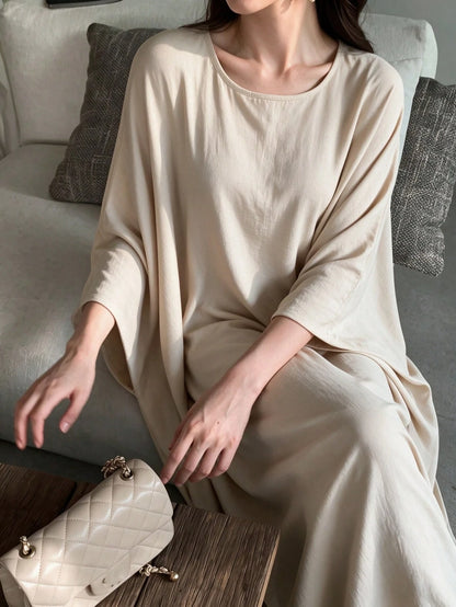 Women's Elegant & Graceful Long Abaya Dress, Round Neck Batwing Sleeve Loose Fit Floor-Length Flowy Maxi Skirt, Casual Wear
