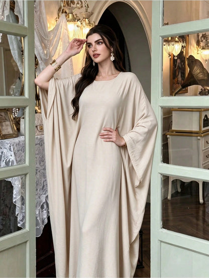Women's Elegant & Graceful Long Abaya Dress, Round Neck Batwing Sleeve Loose Fit Floor-Length Flowy Maxi Skirt, Casual Wear