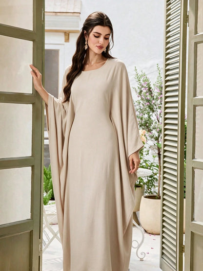 Women's Elegant & Graceful Long Abaya Dress, Round Neck Batwing Sleeve Loose Fit Floor-Length Flowy Maxi Skirt, Casual Wear