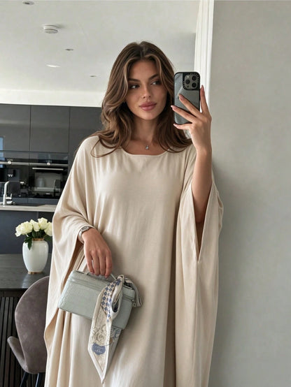 Women's Elegant & Graceful Long Abaya Dress, Round Neck Batwing Sleeve Loose Fit Floor-Length Flowy Maxi Skirt, Casual Wear
