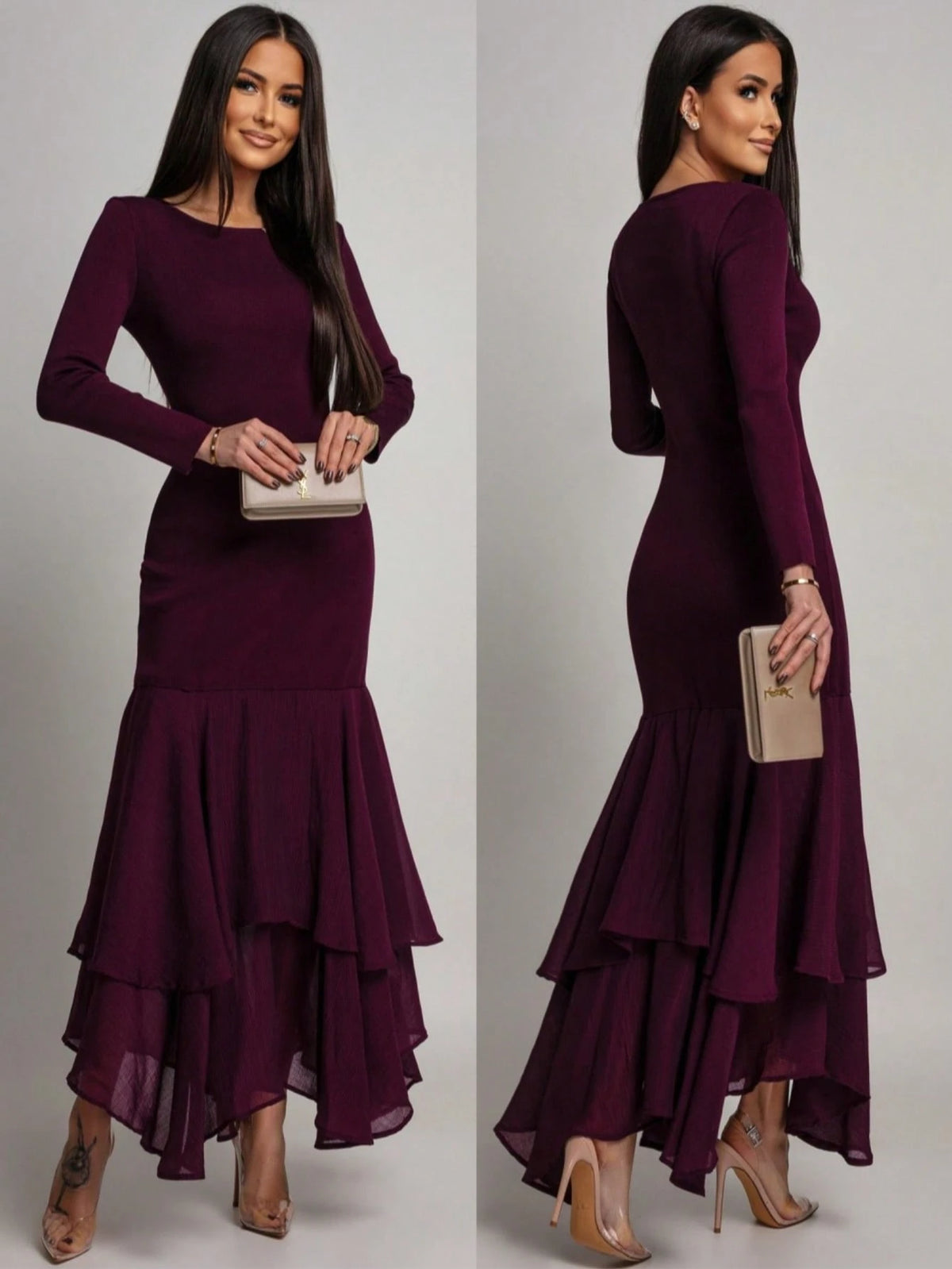 Women's Elegant Long Sleeve Fitted Dress, Mesh Patchwork Ruffle Hem, Round Neck Solid Color Formal Evening Gown, Suitable For Weddings, Galas, Wedding Guests And Other Formal Occasions, Exuding Refine