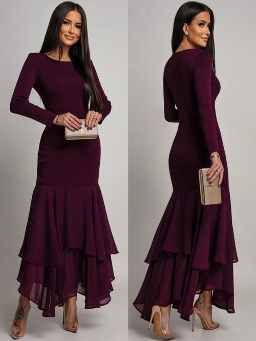 Women's Elegant Long Sleeve Fitted Dress, Mesh Patchwork Ruffle Hem, Round Neck Solid Color Formal Evening Gown, Suitable For Weddings, Galas, Wedding Guests And Other Formal Occasions, Exuding Refine