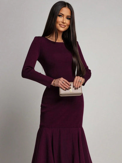 Women's Elegant Long Sleeve Fitted Dress, Mesh Patchwork Ruffle Hem, Round Neck Solid Color Formal Evening Gown, Suitable For Weddings, Galas, Wedding Guests And Other Formal Occasions, Exuding Refine