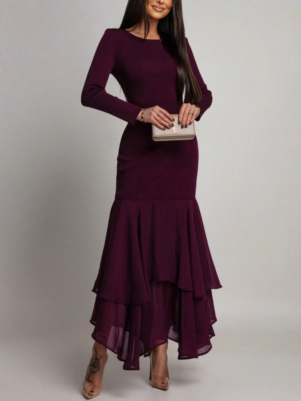 Women's Elegant Long Sleeve Fitted Dress, Mesh Patchwork Ruffle Hem, Round Neck Solid Color Formal Evening Gown, Suitable For Weddings, Galas, Wedding Guests And Other Formal Occasions, Exuding Refine