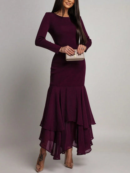 Women's Elegant Long Sleeve Fitted Dress, Mesh Patchwork Ruffle Hem, Round Neck Solid Color Formal Evening Gown, Suitable For Weddings, Galas, Wedding Guests And Other Formal Occasions, Exuding Refine