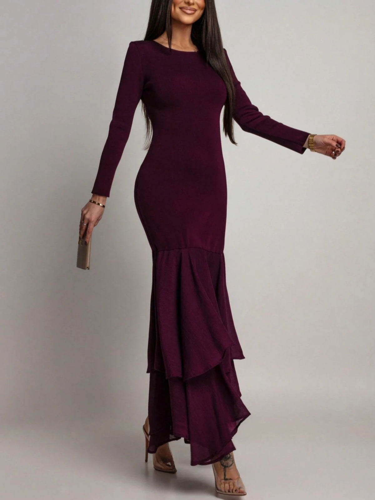 Women's Elegant Long Sleeve Fitted Dress, Mesh Patchwork Ruffle Hem, Round Neck Solid Color Formal Evening Gown, Suitable For Weddings, Galas, Wedding Guests And Other Formal Occasions, Exuding Refine