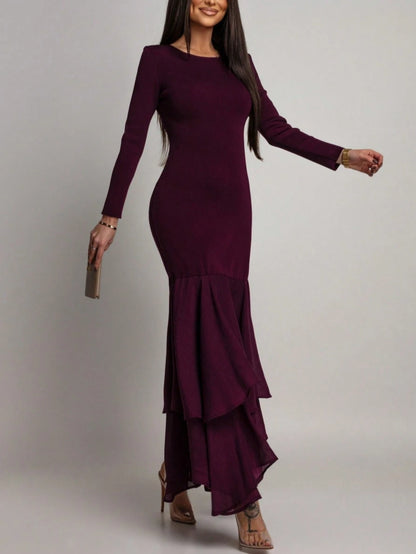 Women's Elegant Long Sleeve Fitted Dress, Mesh Patchwork Ruffle Hem, Round Neck Solid Color Formal Evening Gown, Suitable For Weddings, Galas, Wedding Guests And Other Formal Occasions, Exuding Refine