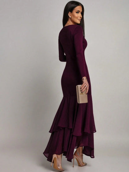 Women's Elegant Long Sleeve Fitted Dress, Mesh Patchwork Ruffle Hem, Round Neck Solid Color Formal Evening Gown, Suitable For Weddings, Galas, Wedding Guests And Other Formal Occasions, Exuding Refine