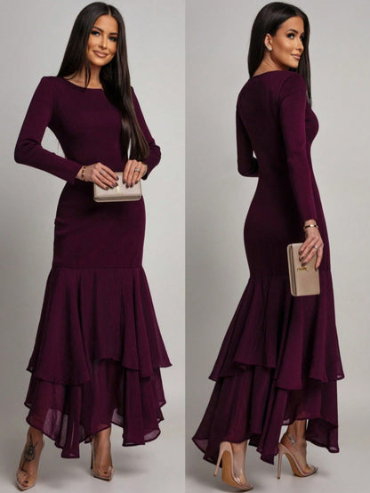 Women's Elegant Long Sleeve Fitted Dress, Mesh Patchwork Ruffle Hem, Round Neck Solid Color Formal Evening Gown, Suitable For Weddings, Galas, Wedding Guests And Other Formal Occasions, Exuding Refine