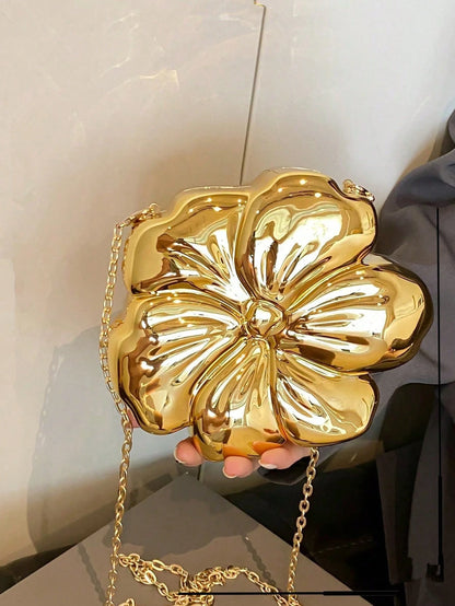 Women's Elegant Mini Floral Shaped Chain Crossbody Bag, Metallic Y2K Style Theme Party Shoulder Bag, Fashionable Novelty Design Bag, Multifunctional Compact Phone Key Coin Purse, Portable Outdoor Trav