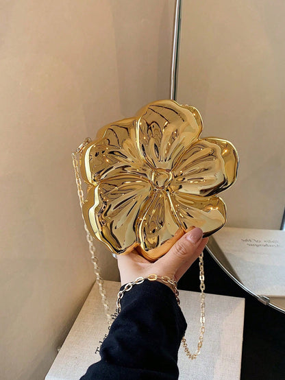 Women's Elegant Mini Floral Shaped Chain Crossbody Bag, Metallic Y2K Style Theme Party Shoulder Bag, Fashionable Novelty Design Bag, Multifunctional Compact Phone Key Coin Purse, Portable Outdoor Trav