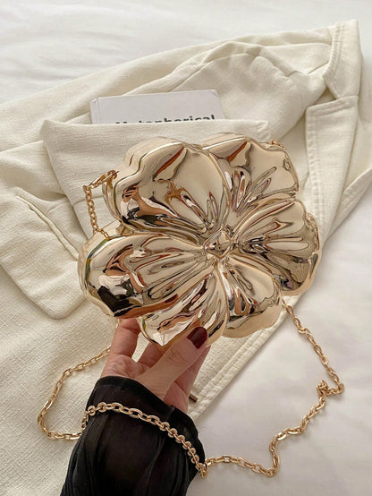 Women's Elegant Mini Floral Shaped Chain Crossbody Bag, Metallic Y2K Style Theme Party Shoulder Bag, Fashionable Novelty Design Bag, Multifunctional Compact Phone Key Coin Purse, Portable Outdoor Trav