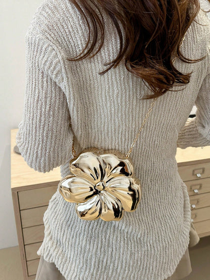 Women's Elegant Mini Floral Shaped Chain Crossbody Bag, Metallic Y2K Style Theme Party Shoulder Bag, Fashionable Novelty Design Bag, Multifunctional Compact Phone Key Coin Purse, Portable Outdoor Trav