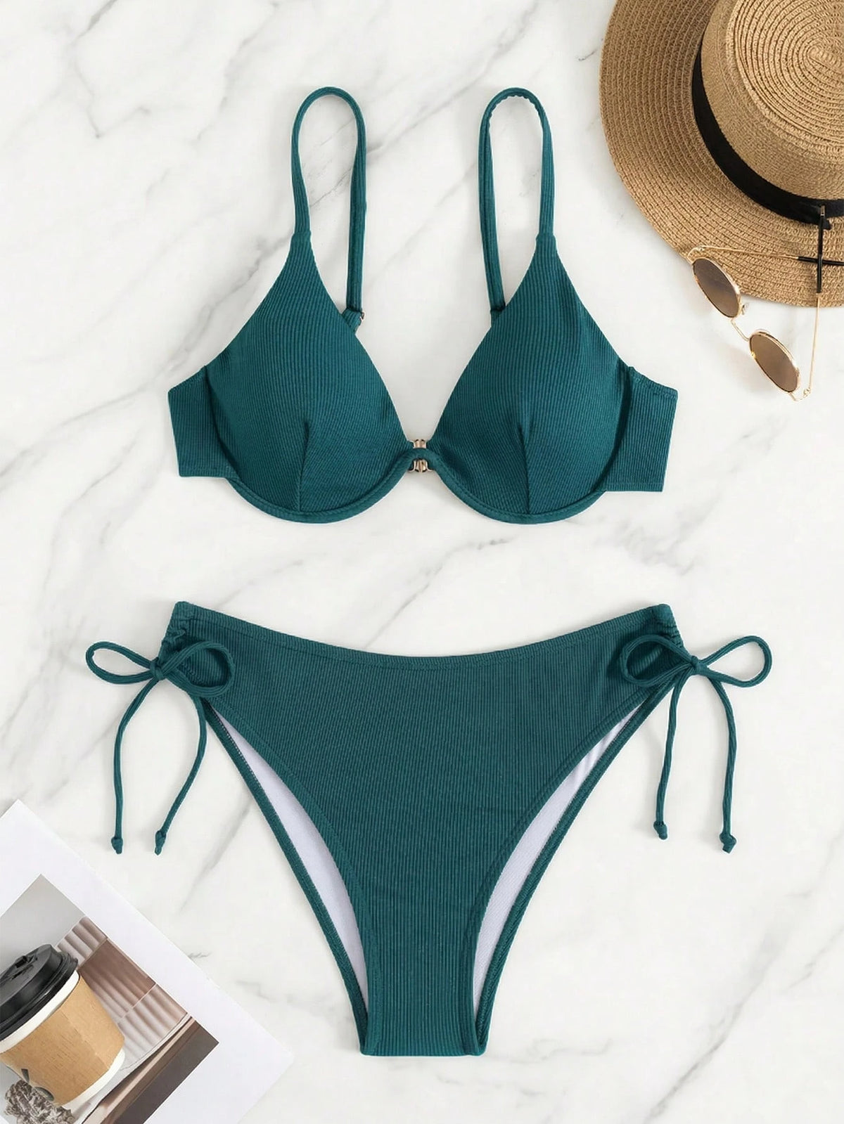 Women's Elegant Polka Dot Bikini Set Spaghetti Strap Underwire Top & High Waist Tie Side Bottoms, High Stretch Fabric Swimwear Vacation Summer Beach