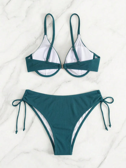 Women's Elegant Polka Dot Bikini Set Spaghetti Strap Underwire Top & High Waist Tie Side Bottoms, High Stretch Fabric Swimwear Vacation Summer Beach