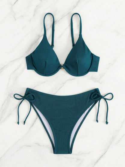 Women's Elegant Polka Dot Bikini Set Spaghetti Strap Underwire Top & High Waist Tie Side Bottoms, High Stretch Fabric Swimwear Vacation Summer Beach