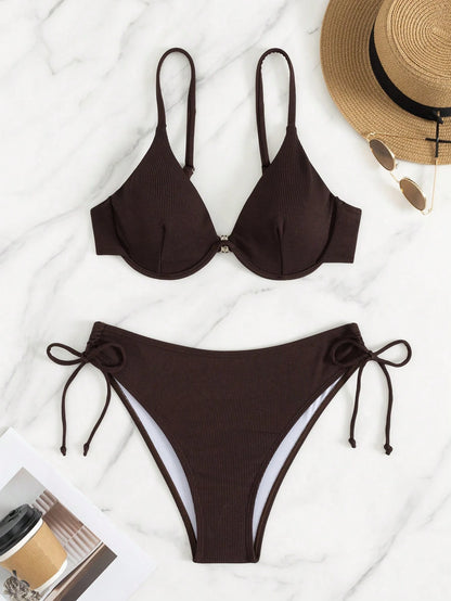 Women's Elegant Polka Dot Bikini Set Spaghetti Strap Underwire Top & High Waist Tie Side Bottoms, High Stretch Fabric Swimwear Vacation Summer Beach