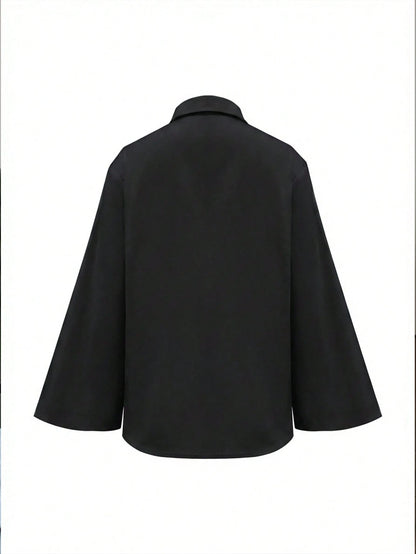 Women's Elegant Solid Color Casual Turndown Collar Long Sleeve Shirt, Polyester Fabric, Graceful For Office & Daily Wear, Spring/Summer Black