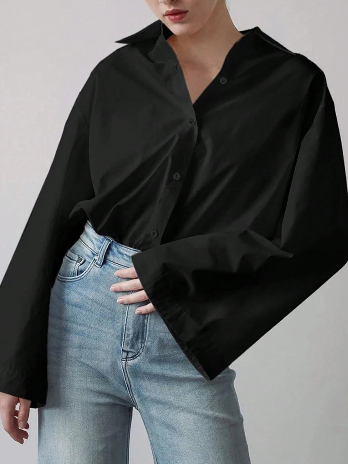 Women's Elegant Solid Color Casual Turndown Collar Long Sleeve Shirt, Polyester Fabric, Graceful For Office & Daily Wear, Spring/Summer Black