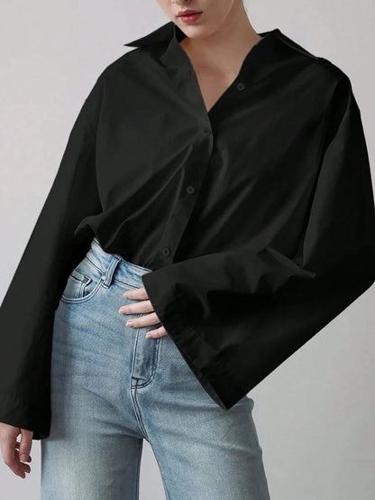 Women's Elegant Solid Color Casual Turndown Collar Long Sleeve Shirt, Polyester Fabric, Graceful For Office & Daily Wear, Spring/Summer Black