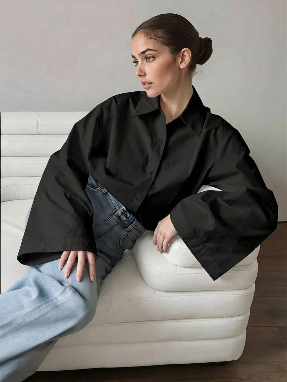 Women's Elegant Solid Color Casual Turndown Collar Long Sleeve Shirt, Polyester Fabric, Graceful For Office & Daily Wear, Spring/Summer Black