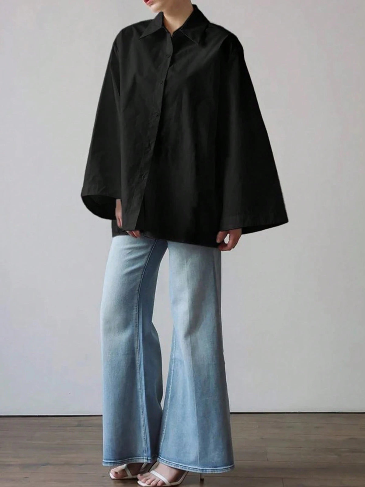 Women's Elegant Solid Color Casual Turndown Collar Long Sleeve Shirt, Polyester Fabric, Graceful For Office & Daily Wear, Spring/Summer Black
