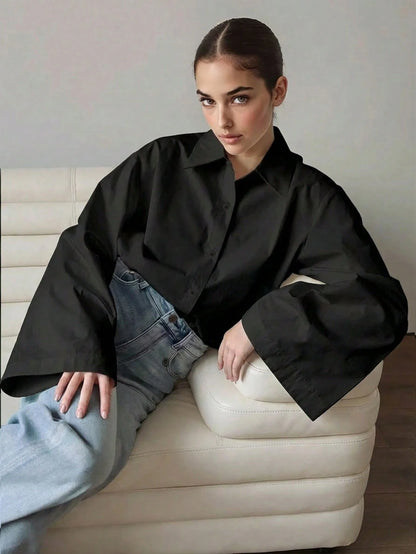 Women's Elegant Solid Color Casual Turndown Collar Long Sleeve Shirt, Polyester Fabric, Graceful For Office & Daily Wear, Spring/Summer Black
