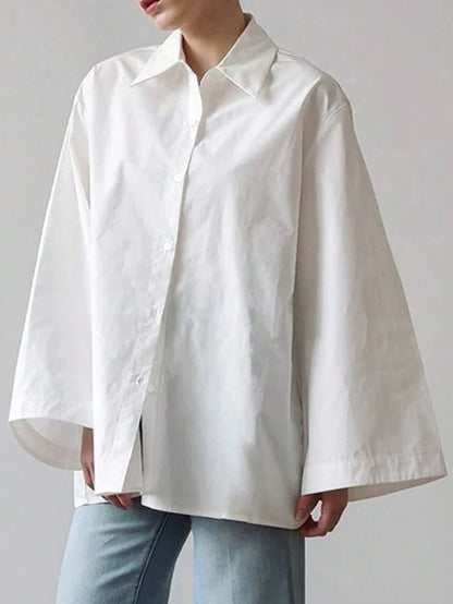Women's Elegant Solid Color Casual Turndown Collar Long Sleeve Shirt, Polyester Fabric, Graceful For Office & Daily Wear, Spring/Summer Black