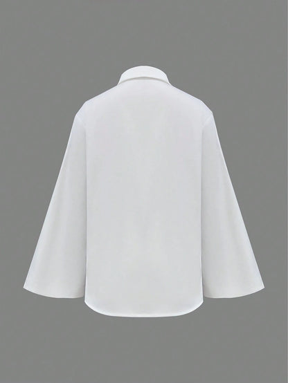 Women's Elegant Solid Color Casual Turndown Collar Long Sleeve Shirt, Polyester Fabric, Graceful For Office & Daily Wear, Spring/Summer Black