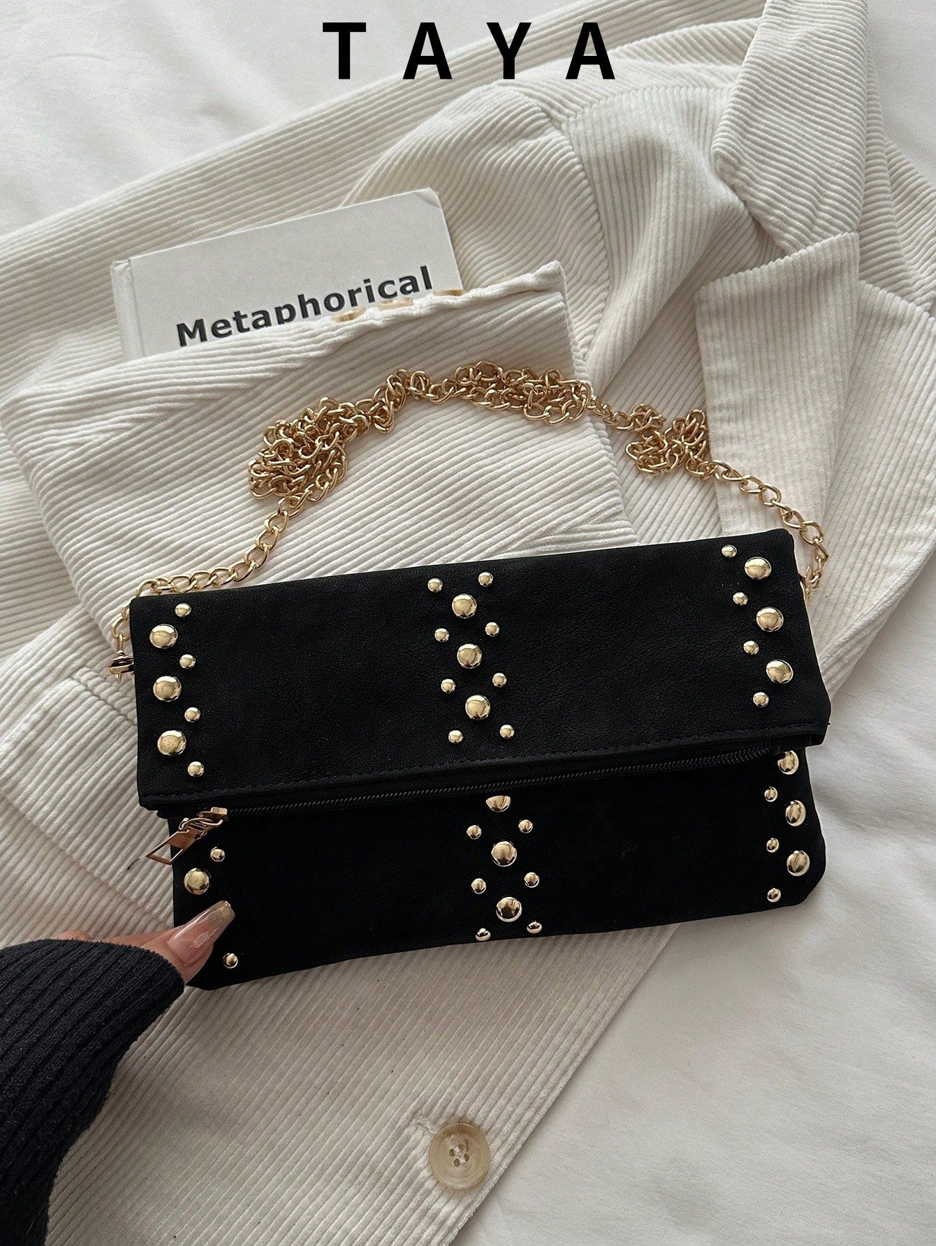 Women's Fashion Elegant Faux Leather Zipper Chain Bag, Bold Design And Unique Style Attract Attention. The Bag Body Is Covered With Gold Rivets, Equipped With A Detachable Gold Chain Shoulder Strap, C