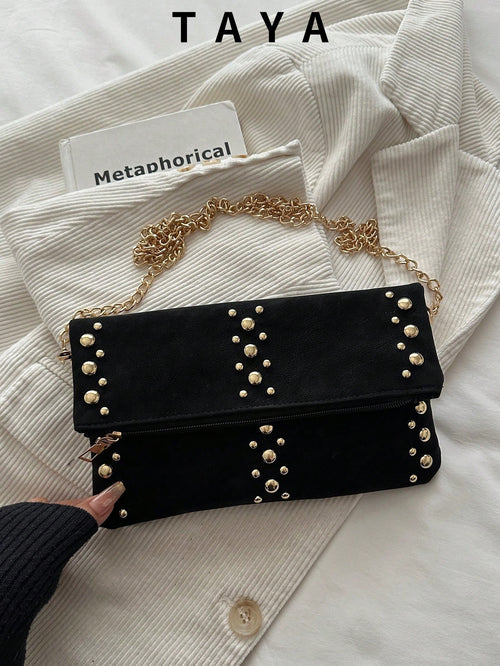 Women's Fashion Elegant Faux Leather Zipper Chain Bag, Bold Design And Unique Style Attract Attention. The Bag Body Is Covered With Gold Rivets, Equipped With A Detachable Gold Chain Shoulder Strap, C