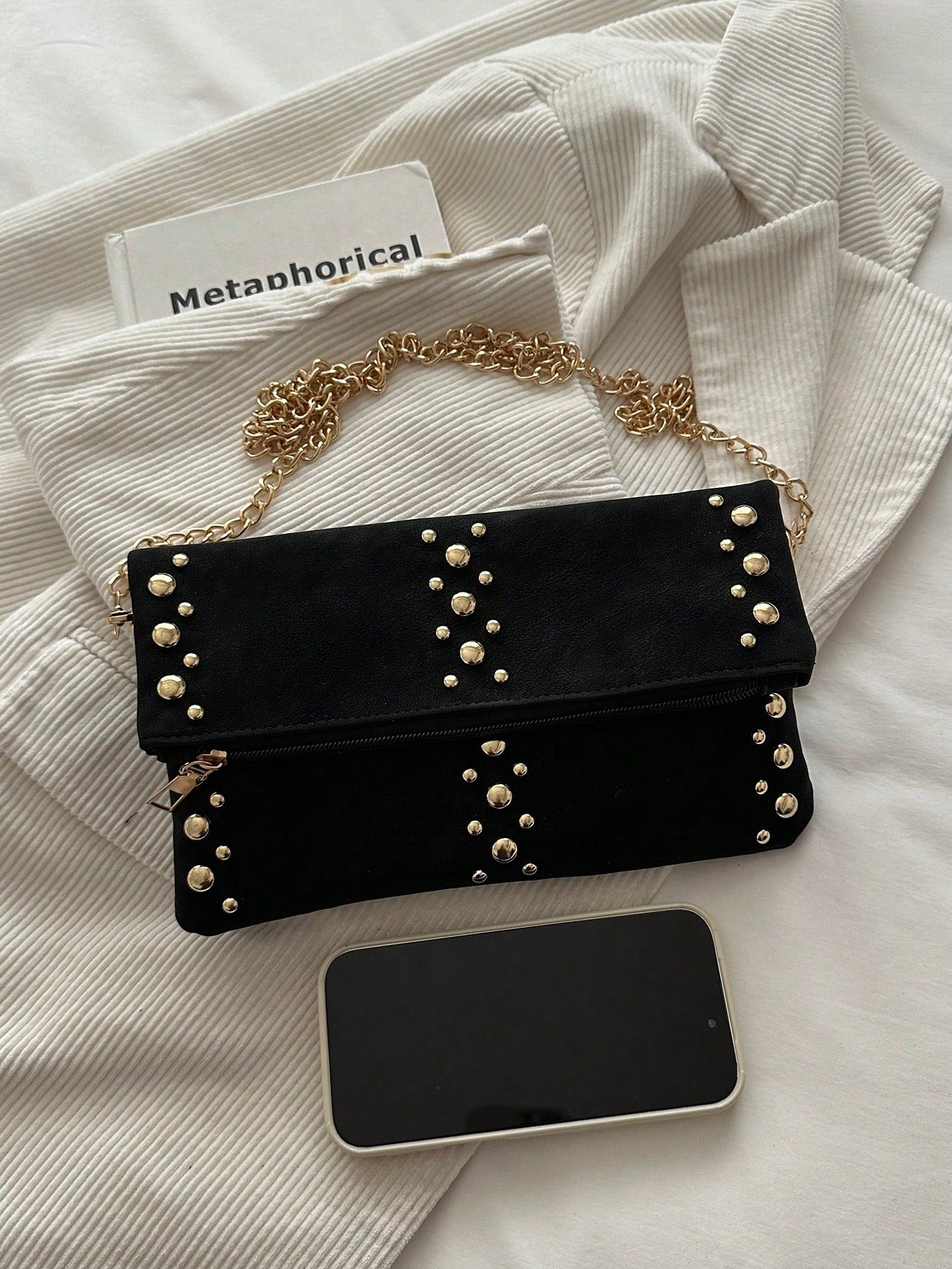 Women's Fashion Elegant Faux Leather Zipper Chain Bag, Bold Design And Unique Style Attract Attention. The Bag Body Is Covered With Gold Rivets, Equipped With A Detachable Gold Chain Shoulder Strap, C