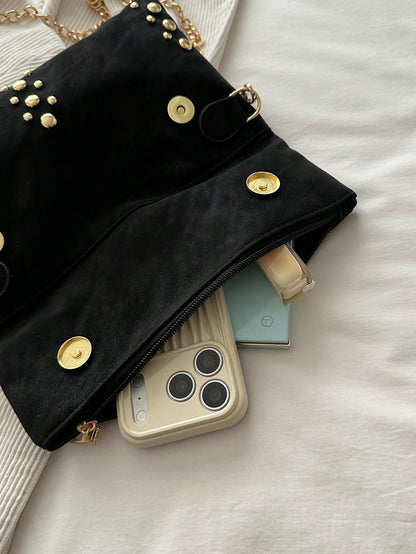 Women's Fashion Elegant Faux Leather Zipper Chain Bag, Bold Design And Unique Style Attract Attention. The Bag Body Is Covered With Gold Rivets, Equipped With A Detachable Gold Chain Shoulder Strap, C