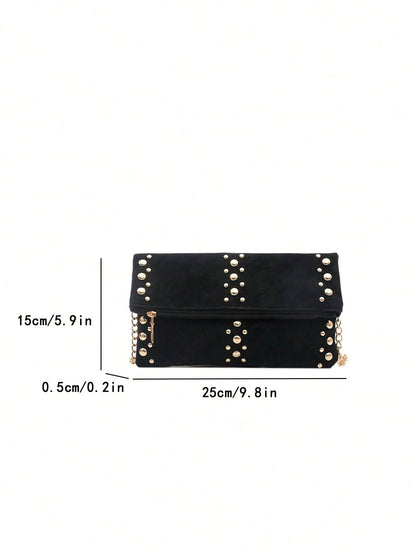 Women's Fashion Elegant Faux Leather Zipper Chain Bag, Bold Design And Unique Style Attract Attention. The Bag Body Is Covered With Gold Rivets, Equipped With A Detachable Gold Chain Shoulder Strap, C