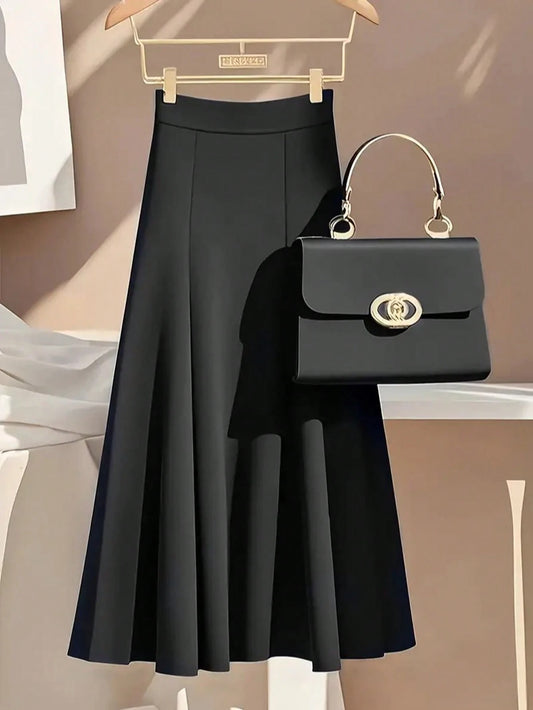Women's Fashionable Elegant Casual Solid Color Skirt Black Spring