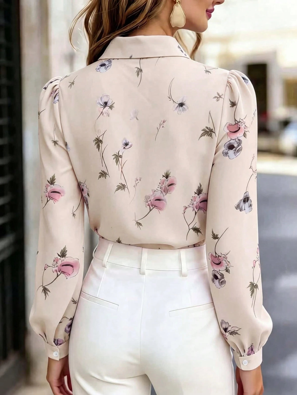 Women's Floral Sheer Long Sleeve Blouse, Bow Tie Button Front Chiffon Top, Elegant Style, Suitable For Office, Home, Vacation, Daily Wear, Spring, Summer, Autumn, Winter