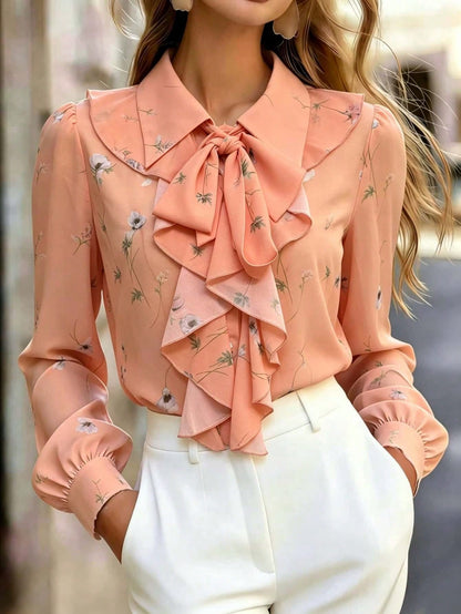 Women's Floral Sheer Long Sleeve Blouse, Bow Tie Button Front Chiffon Top, Elegant Style, Suitable For Office, Home, Vacation, Daily Wear, Spring, Summer, Autumn, Winter