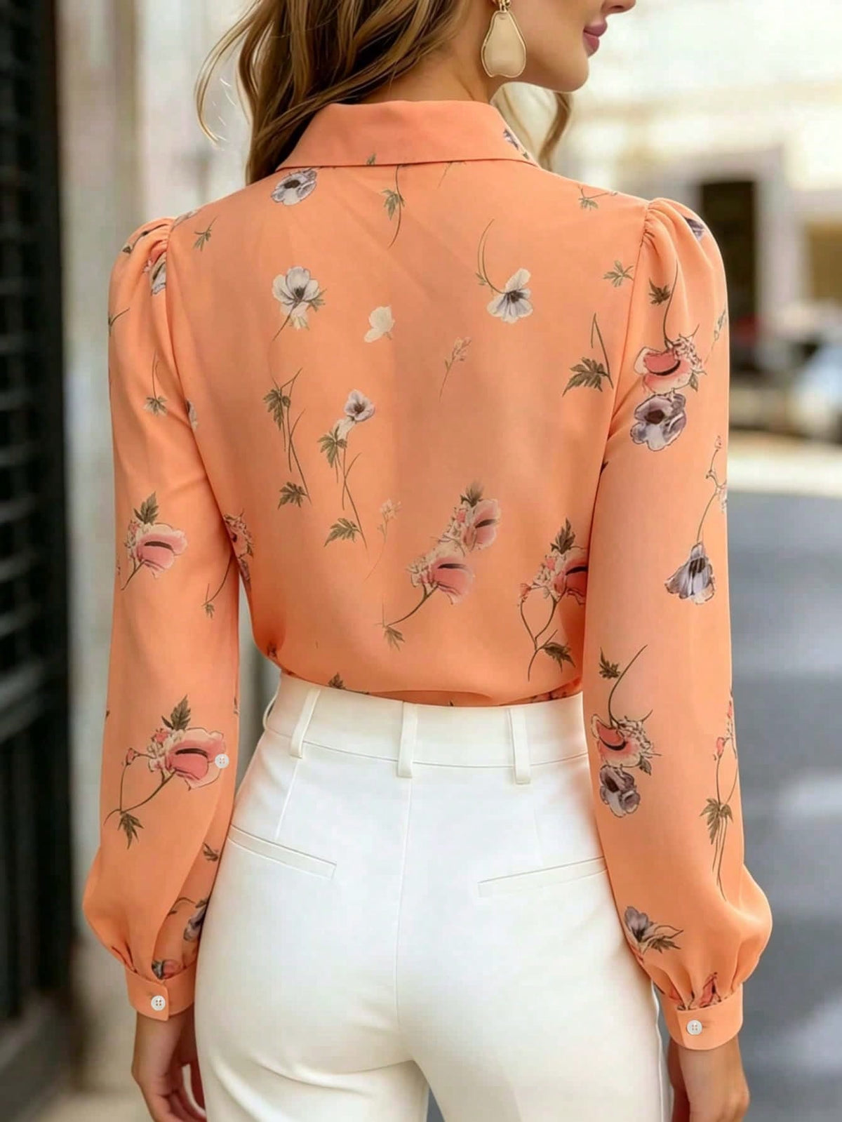Women's Floral Sheer Long Sleeve Blouse, Bow Tie Button Front Chiffon Top, Elegant Style, Suitable For Office, Home, Vacation, Daily Wear, Spring, Summer, Autumn, Winter