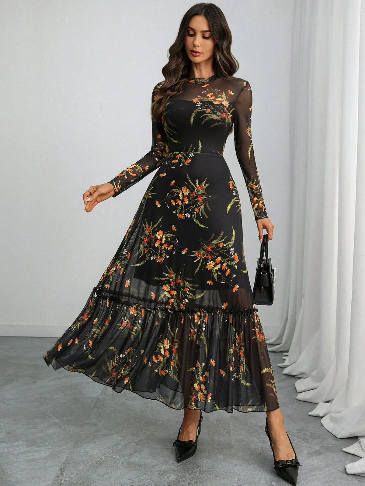 Women's Gothic Elegant Long Dress, Black Base, Colorful Floral Print, Mesh Round Neck Long Sleeve, Fitted Waist, Ruffle Hem Spring