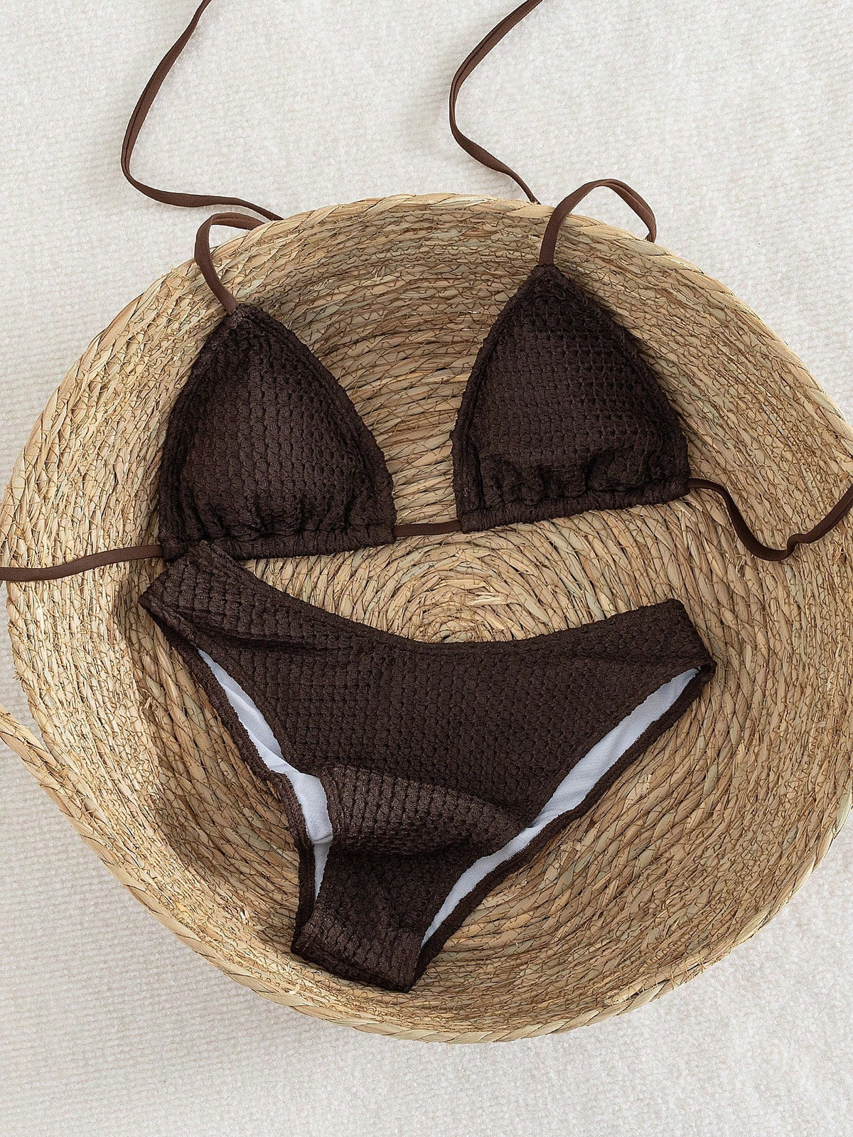 Women's Halter Tie Solid Color Sexy Bikini Swimwear Set, Halter Tie Backless Women's Swimwear Summer Vacation Beach Brown