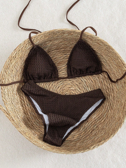 Women's Halter Tie Solid Color Sexy Bikini Swimwear Set, Halter Tie Backless Women's Swimwear Summer Vacation Beach Brown