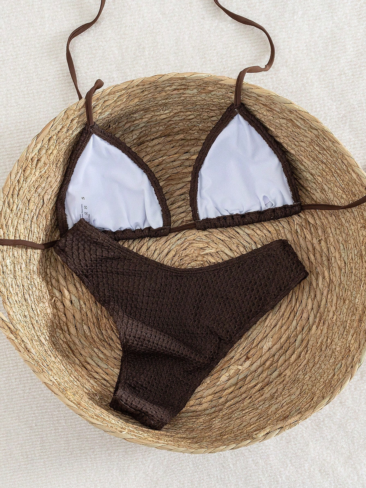 Women's Halter Tie Solid Color Sexy Bikini Swimwear Set, Halter Tie Backless Women's Swimwear Summer Vacation Beach Brown