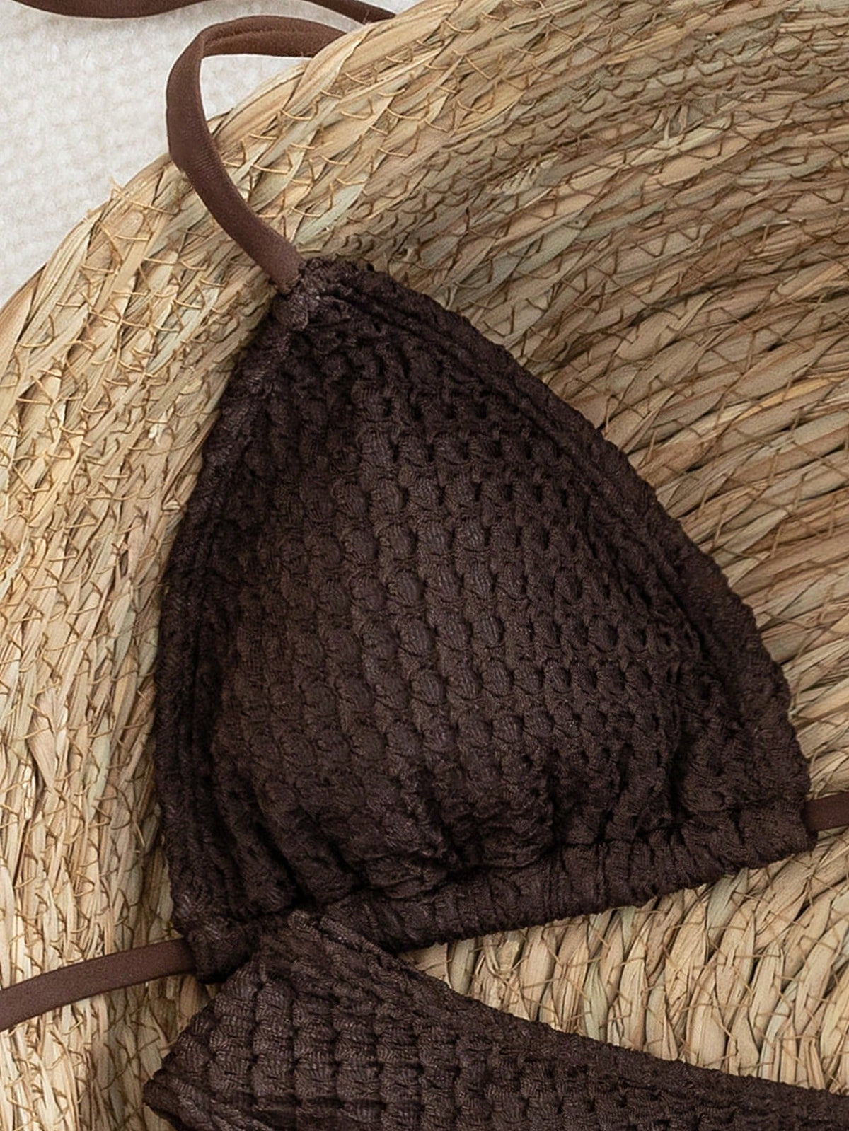 Women's Halter Tie Solid Color Sexy Bikini Swimwear Set, Halter Tie Backless Women's Swimwear Summer Vacation Beach Brown
