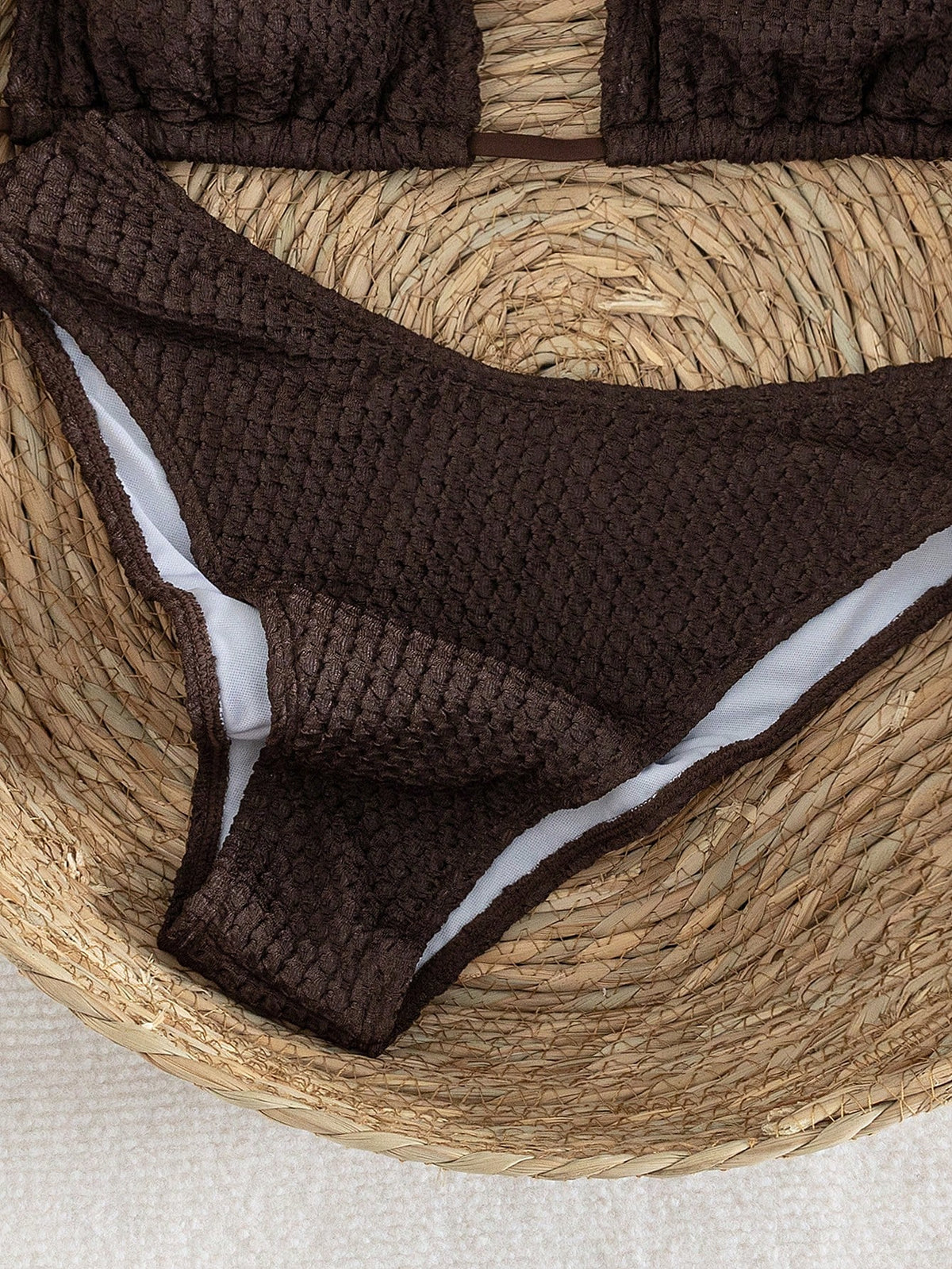 Women's Halter Tie Solid Color Sexy Bikini Swimwear Set, Halter Tie Backless Women's Swimwear Summer Vacation Beach Brown