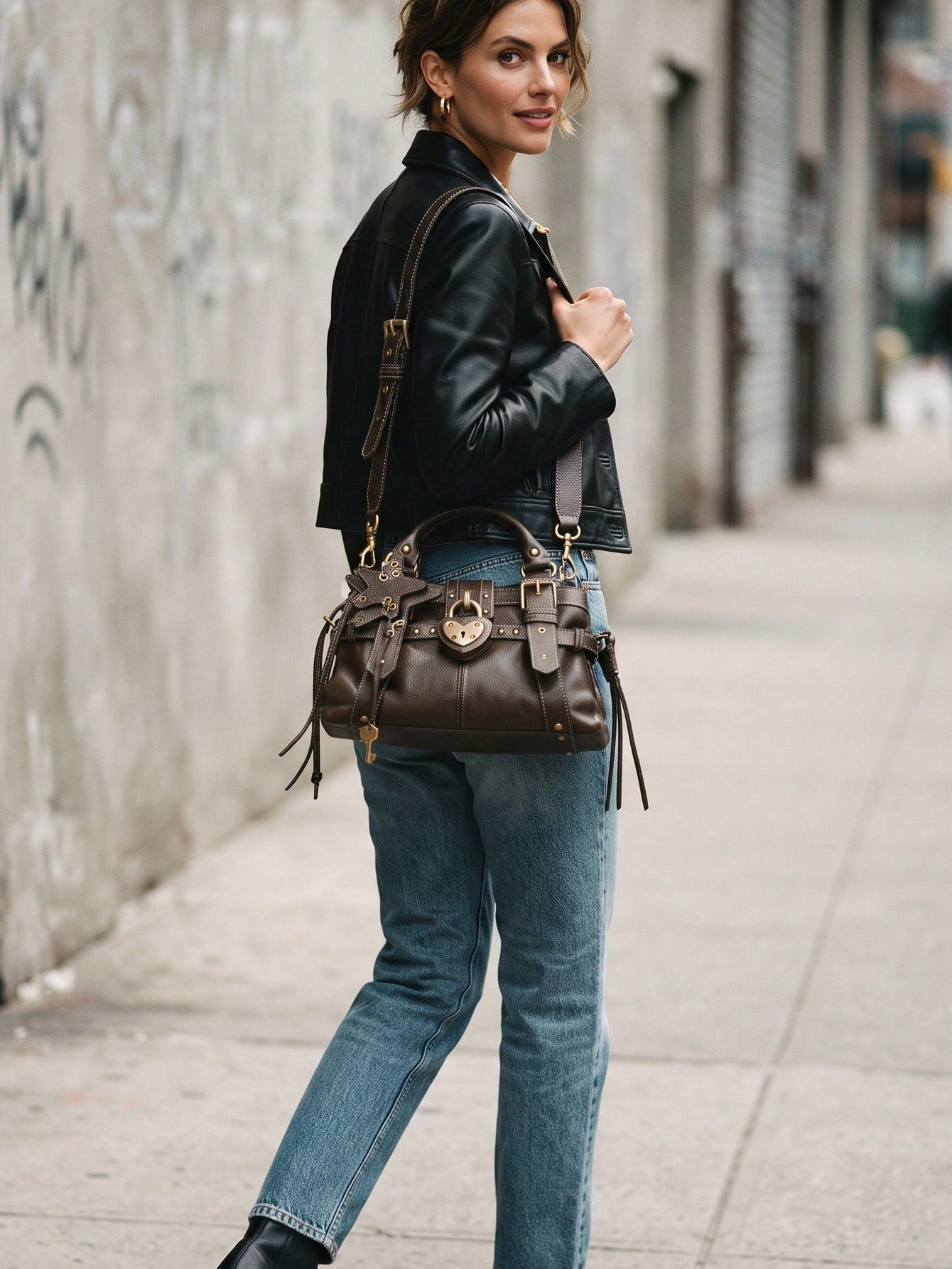 Women's Heart Lock Moto Shoulder Bag,Women's Y2K Buckle Handbag,Star Charm Bag Gothic Fashion