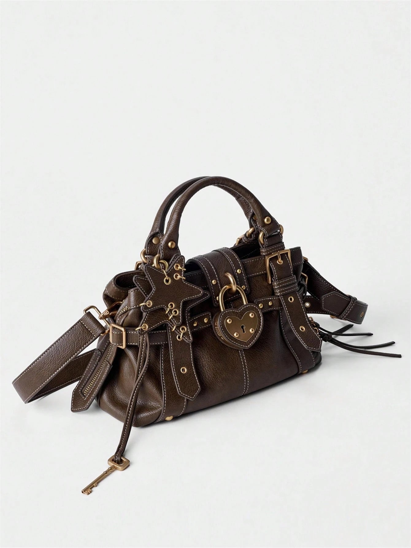 Women's Heart Lock Moto Shoulder Bag,Women's Y2K Buckle Handbag,Star Charm Bag Gothic Fashion