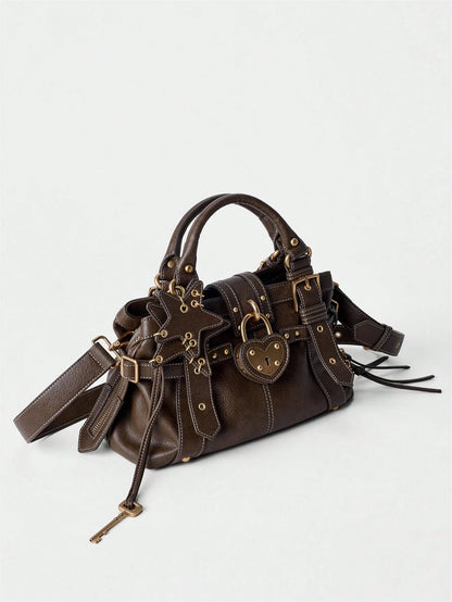 Women's Heart Lock Moto Shoulder Bag,Women's Y2K Buckle Handbag,Star Charm Bag Gothic Fashion